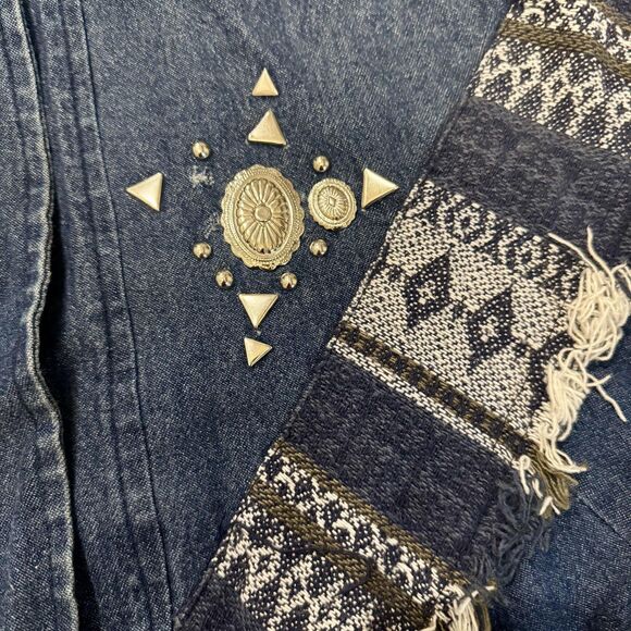 Vintage 90s Denim Aztec Jacket Sz14 Southwest Embroidered 90s fringe embellished - Picture 5 of 11